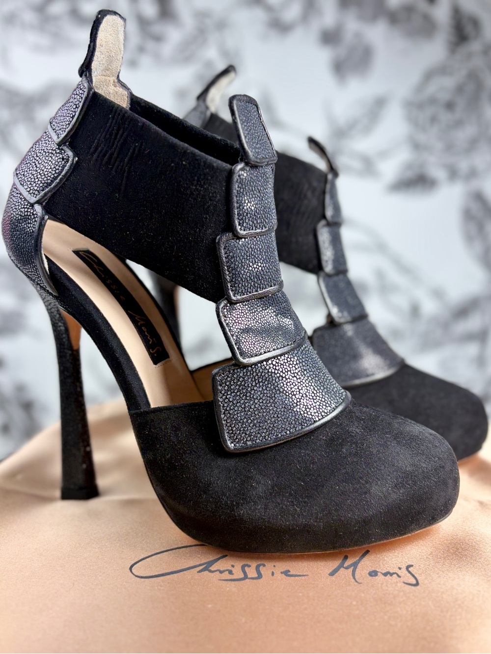 Chrissie Morris “Serena” Black/Gray Stingray/Suede Leather 5” Boot, Szs 6.5-9.5